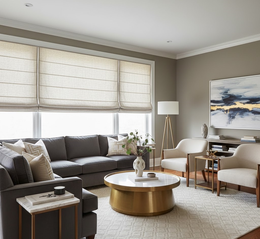 Sala de estar elegante con modernas cortinas romanas