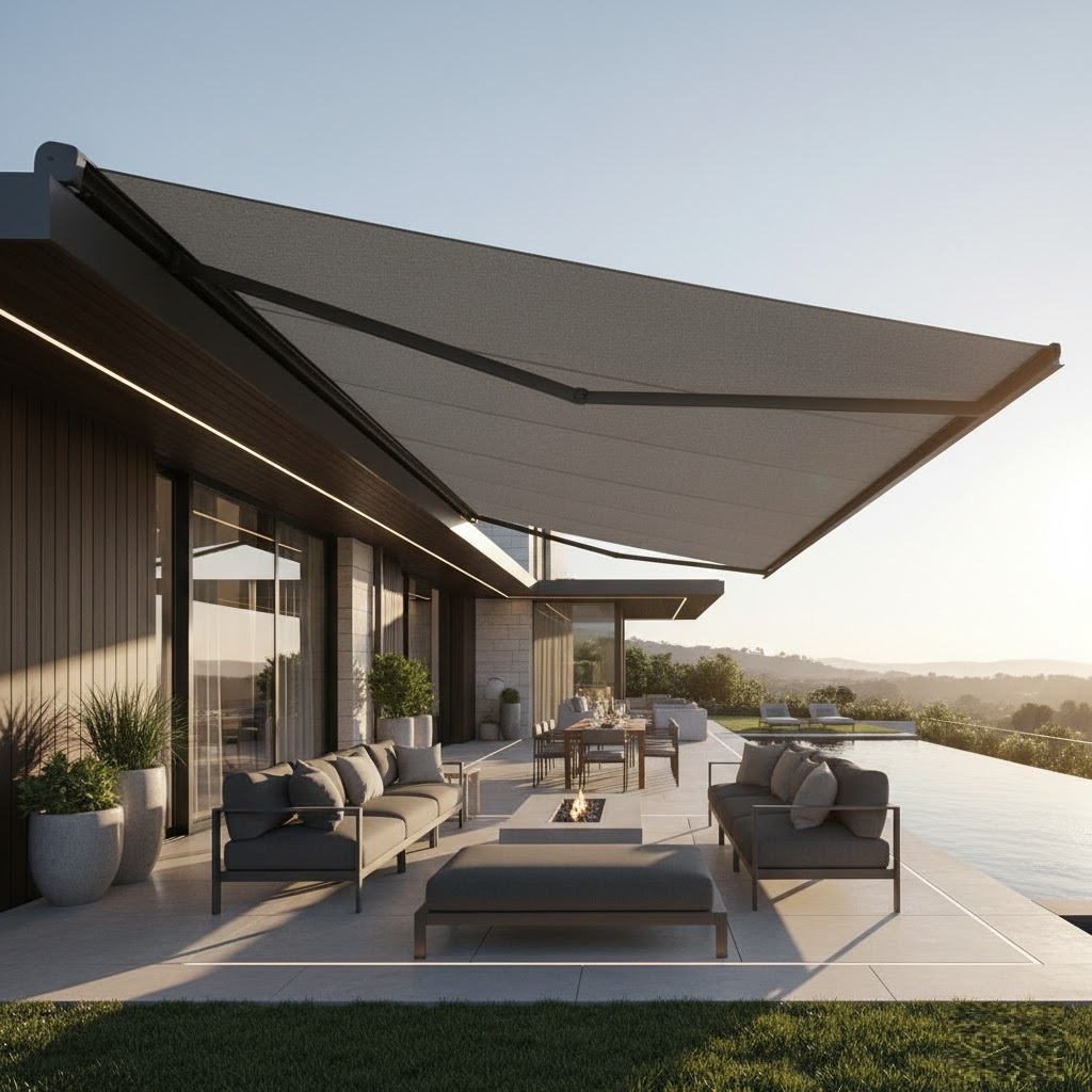Casa moderna con un toldo motorizado premium extendido sobre un patio