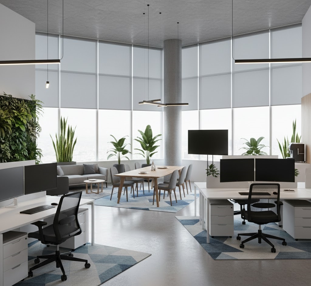 Interior de oficina moderna con cortinas roller