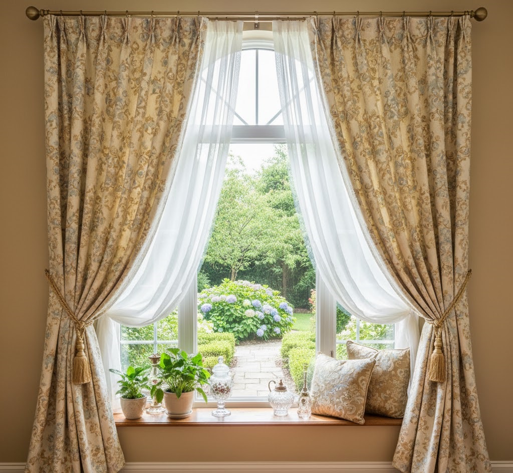 Ventana residencial con cortinas decorativas